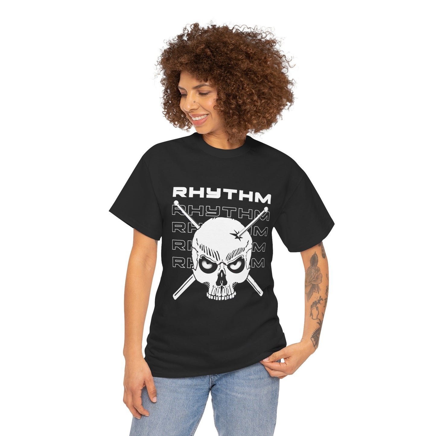 Drummer T-shirt - Skull and Drumsticks design - Heavy Cotton Tee (Unisex)