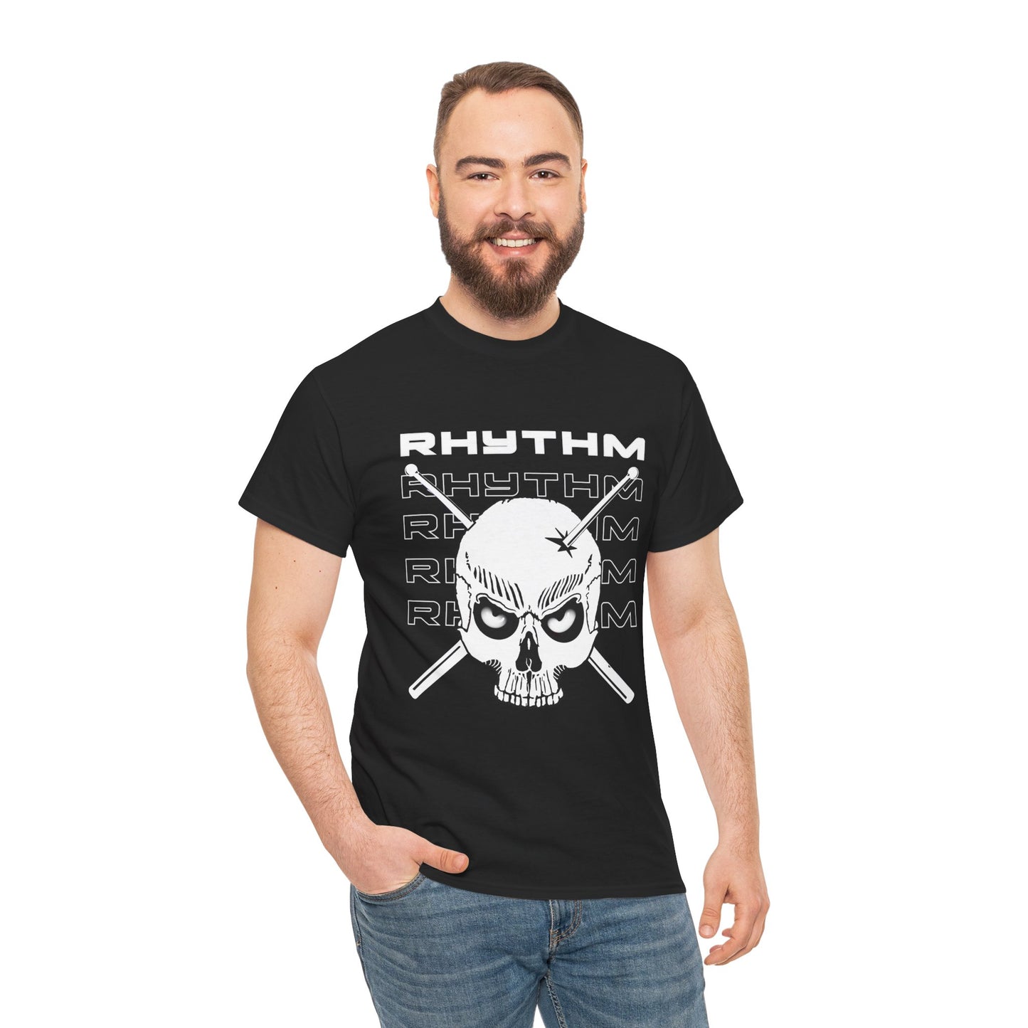 Drummer T-shirt - Skull and Drumsticks design - Heavy Cotton Tee (Unisex)