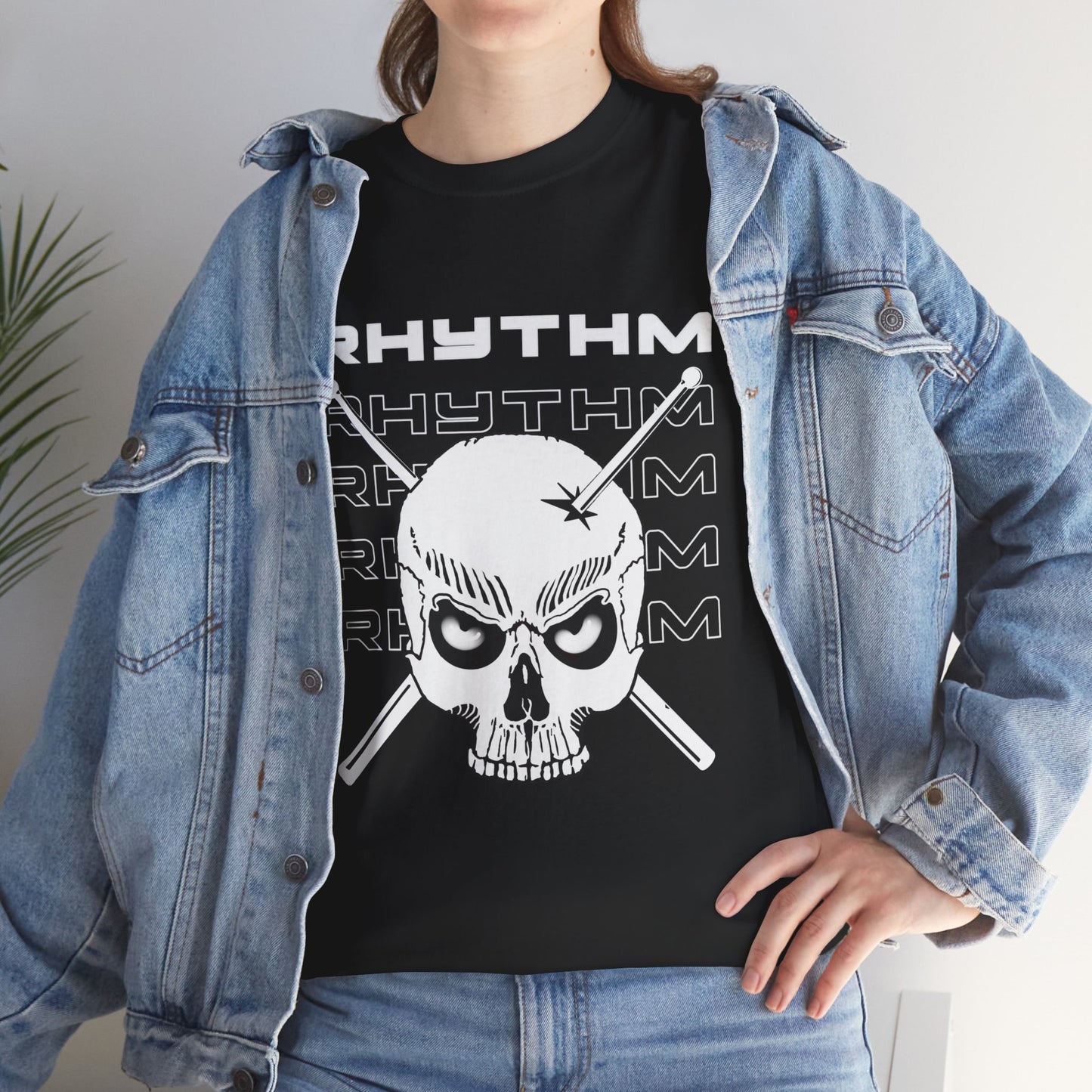 Drummer T-shirt - Skull and Drumsticks design - Heavy Cotton Tee (Unisex)