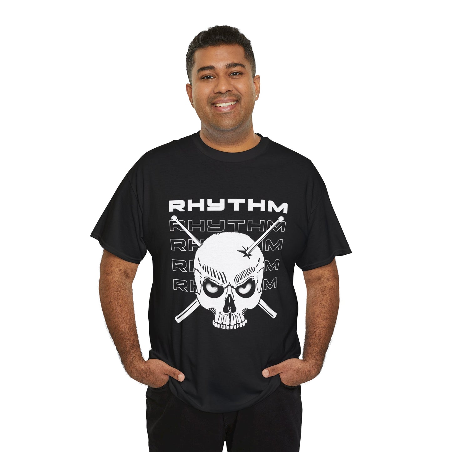 Drummer T-shirt - Skull and Drumsticks design - Heavy Cotton Tee (Unisex)